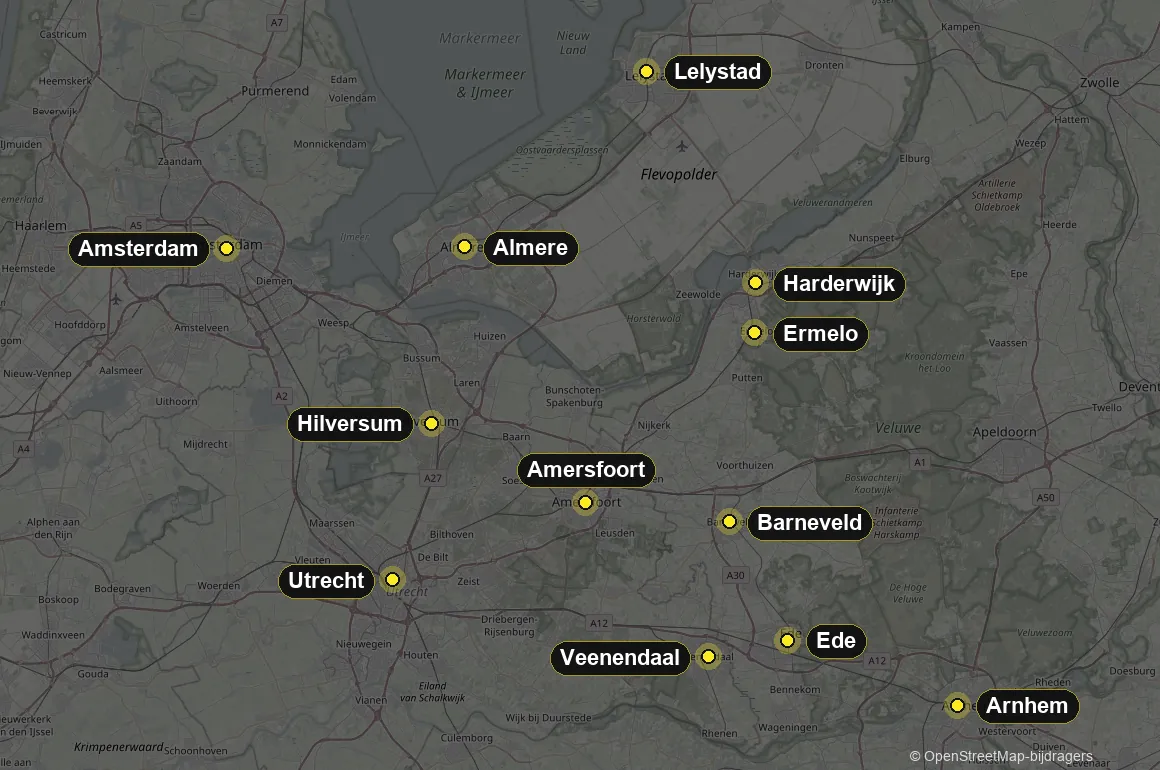 Kaart van het werkgebied van RenovaStairs: Amersfoort, Amsterdam, Utrecht, Almere, Arnhem, Hilversum, Ede, Veenendaal, Barneveld, Lelystad, Harderwijk, Ermelo